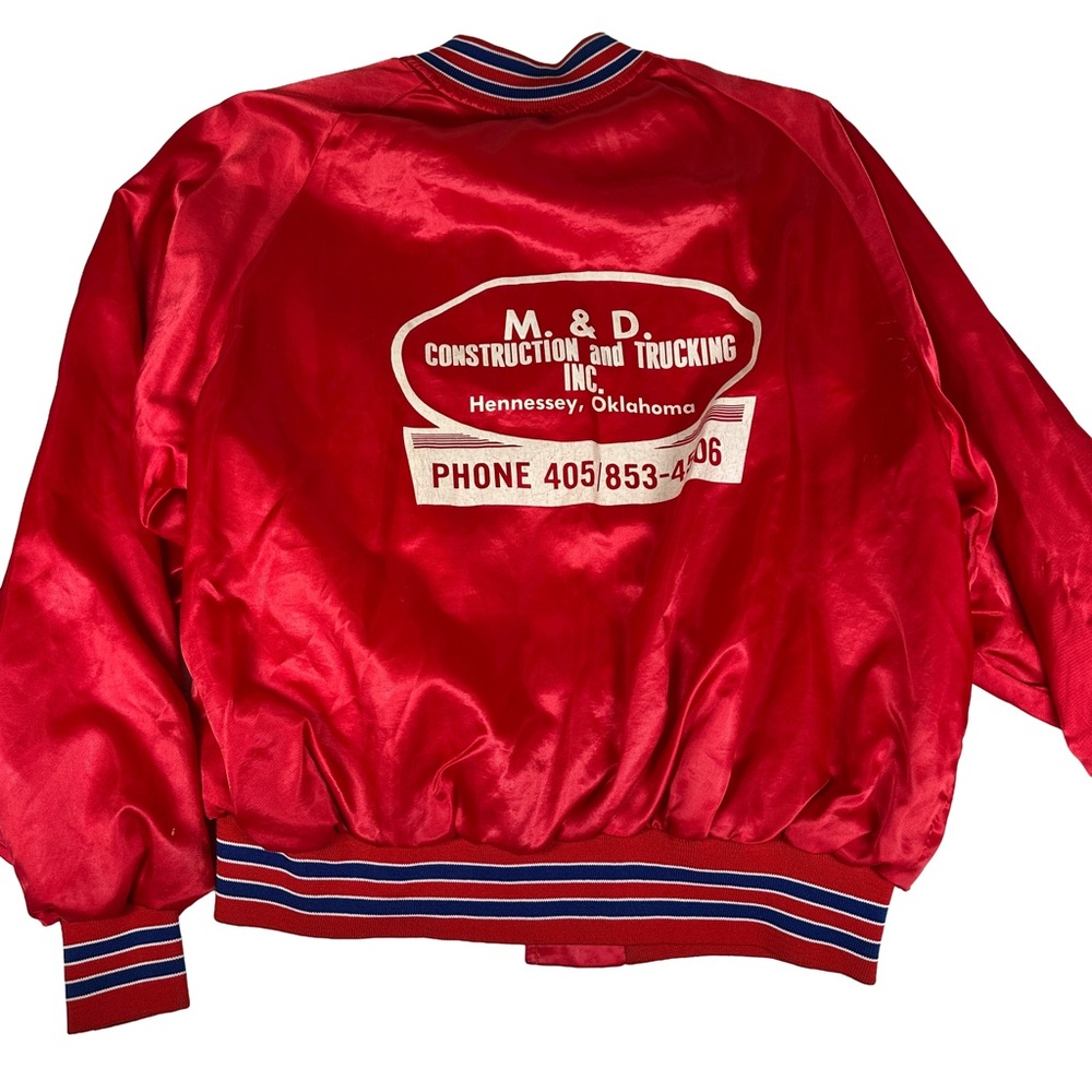 Red Satin Bomber Jacket vintage construction trucking blue